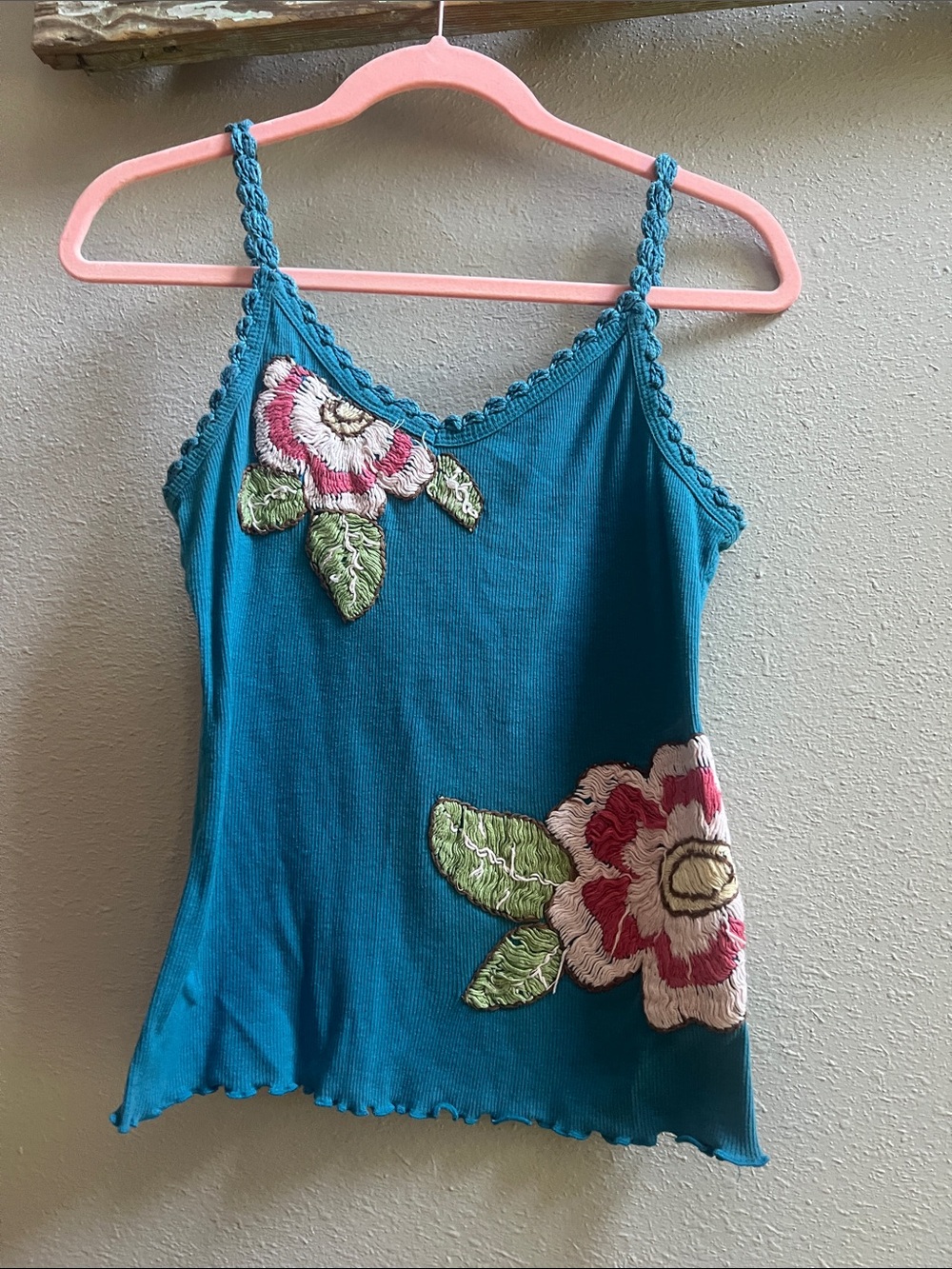 Pout Teal Floral Appliqué Tank with Braided Straps